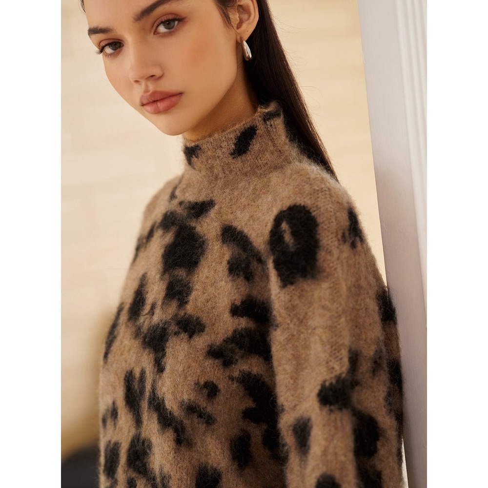 Commense Leopard Print Mock Neck Sweater Fuzzy Knit Pullover Chic Cozy Top - Picture 2 of 11